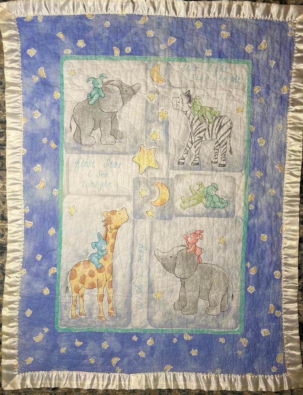 Handmade Satin Edge Blue Star Light Animals Stars Moon Baby Quilt
